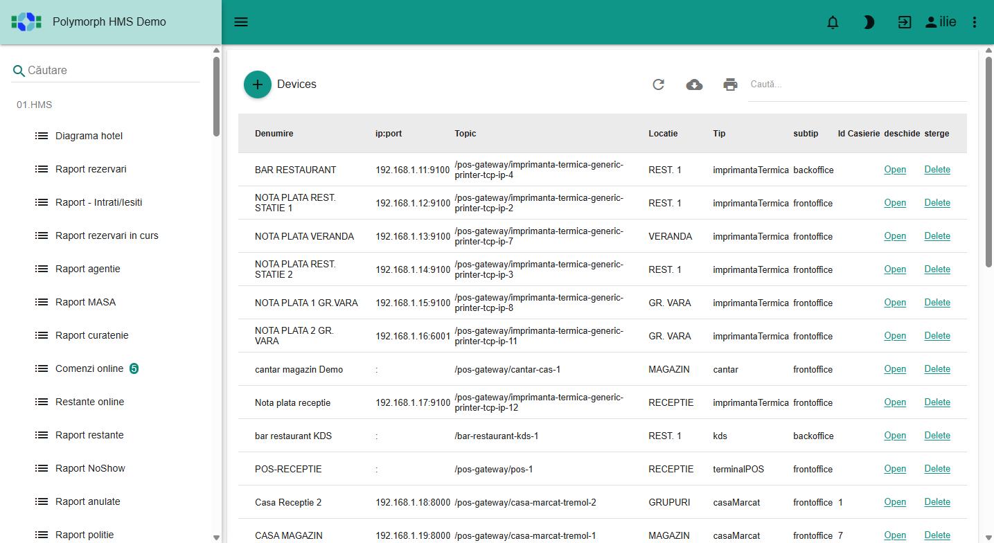 Lista de dispozitive din Polymorph POS: imprimante termice, cântar, KDS, terminal POS și case de marcat Tremol, fiecare cu locația și rolul ei